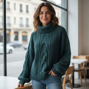 Seven7 Green Cable Knit Turtleneck Sweater Size L